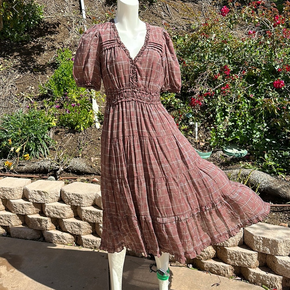 Anthropologie by the river brown printed dress short sleeves midi sz M